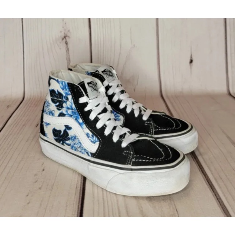 Vans Skate Hi Tapered Floral Blue Black Suede White Shoes Womens Size 5.5/Mens 4
